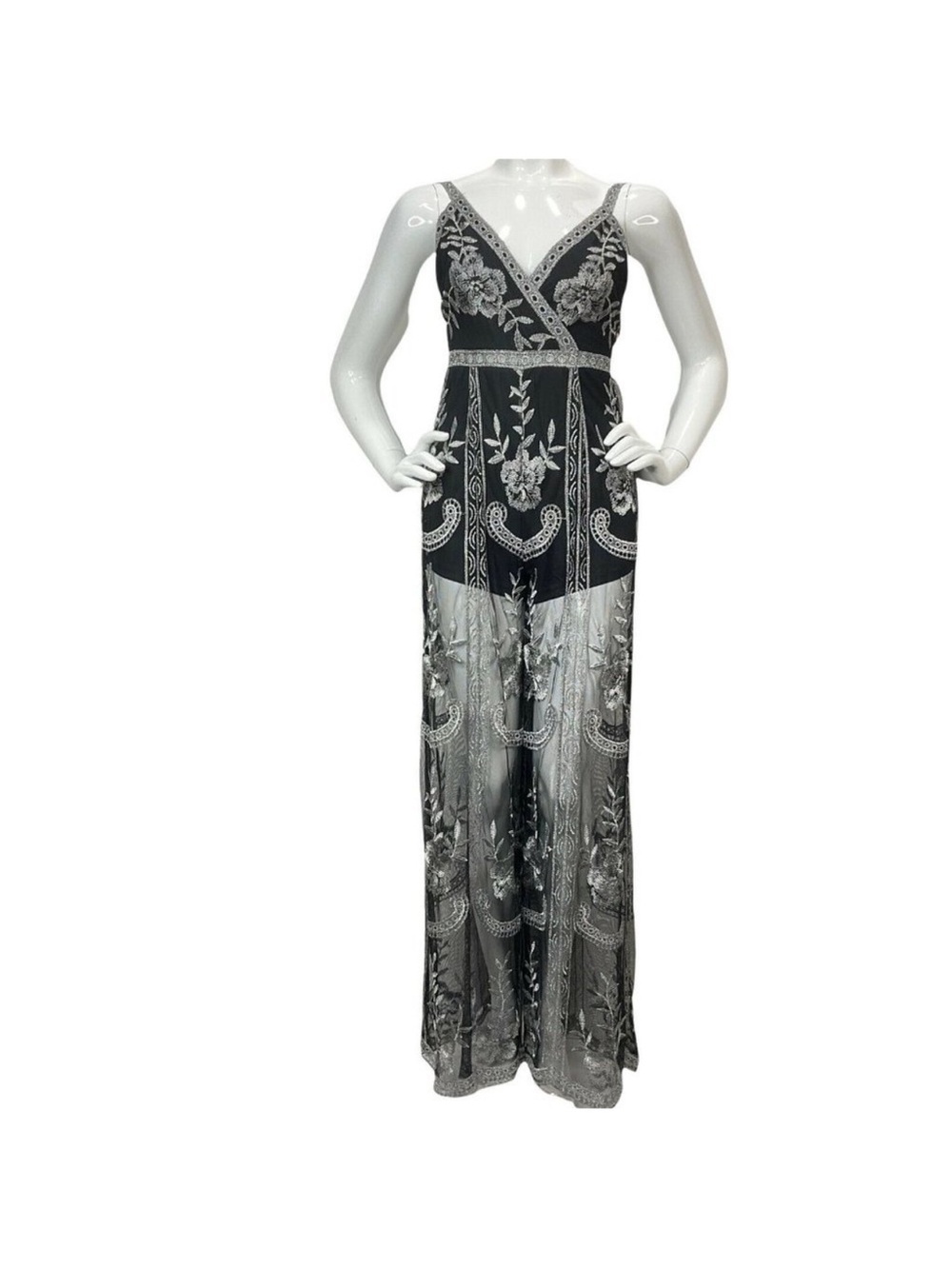 Honey Punch Black and Silver Beaded V-Neck Maxi Dress